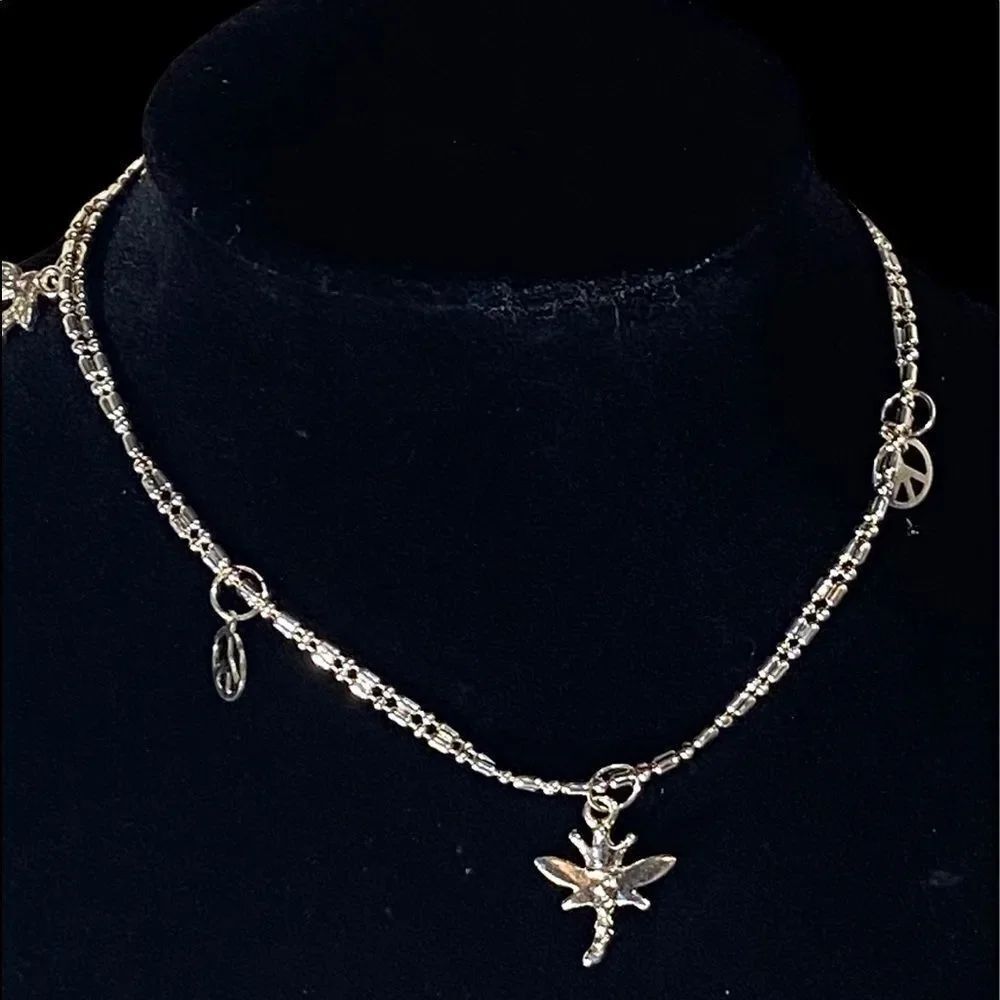 Sterling silver 925 adjustable ankle bracelet with cherries, peace, dragonfly